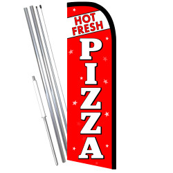 FRESH HOT PIZZA Premium Windless Feather Flag Bundle (11.5' Tall Flag, 15' Tall Flagpole, Ground Mount Stake) 841098162559