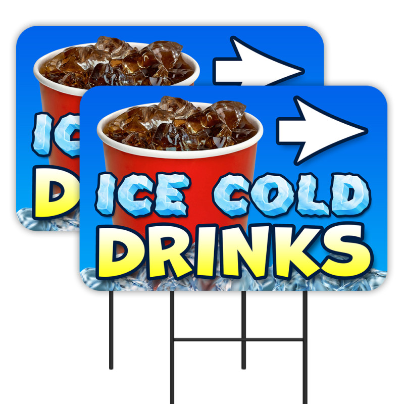 Ice Cold Drinks 2 Pack Double-Sided Yard Signs 16" x 24" with Metal Stakes (Made in Texas)