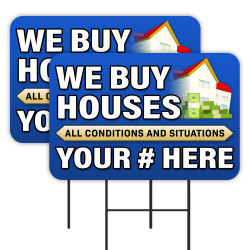 We Buy Houses - Customizable Phone Number 2 Pack Double-Sided Yard Signs 16" x 24" with Metal Stakes (Made in Texas)