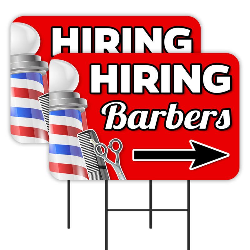 Hiring Barbers 2 Pack Double-Sided Yard Signs 16" x 24" with Metal Stakes (Made in Texas)