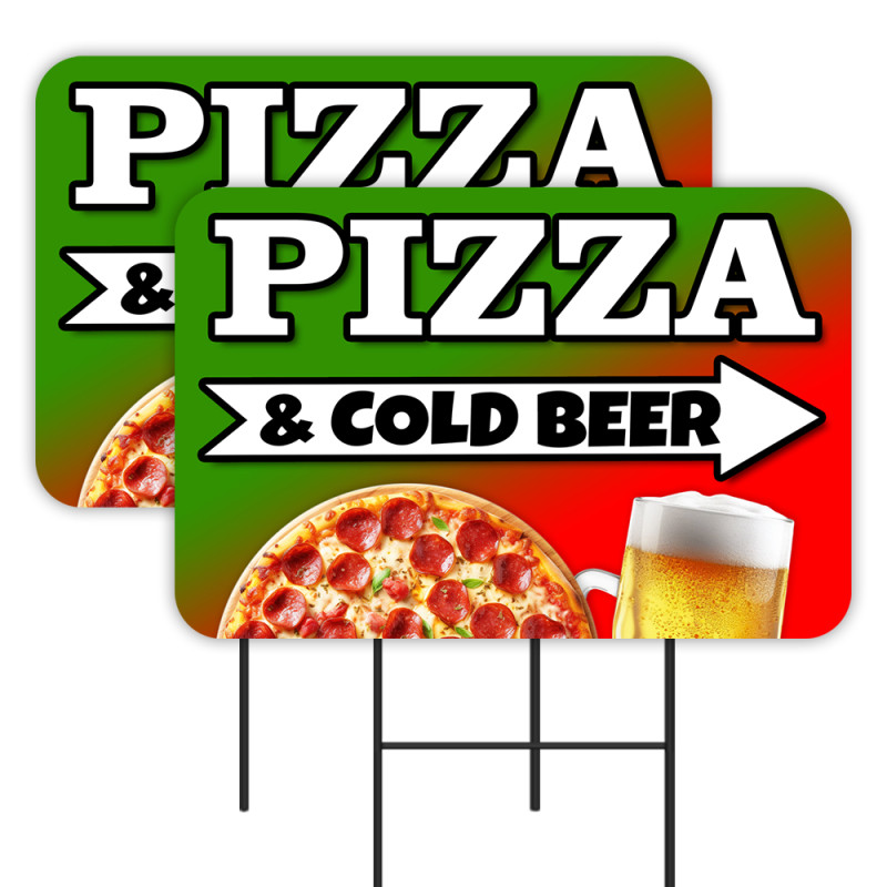 Pizza & Cold Beer 2 Pack Double-Sided Yard Signs 16" x 24" with Metal Stakes (Made in Texas)