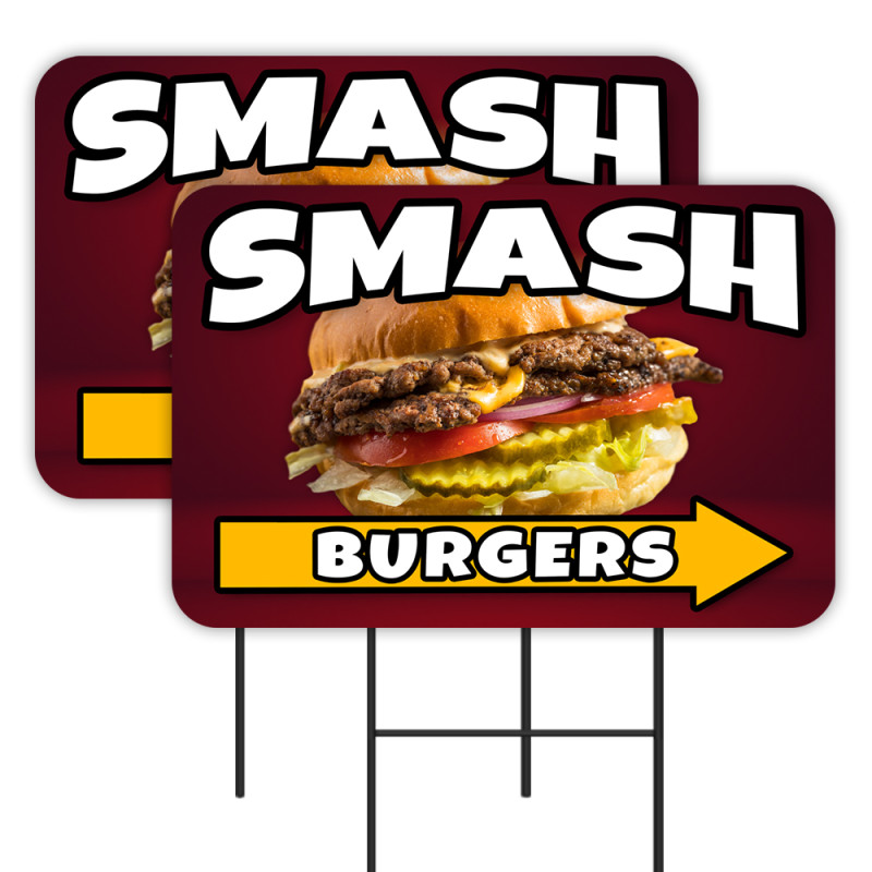 Smash Burgers 2 Pack Double-Sided Yard Signs 16" x 24" with Metal Stakes (Made in Texas)