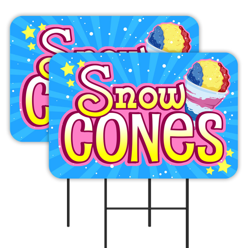 Snow Cones 2 Pack Double-Sided Yard Signs 16" x 24" with Metal Stakes (Made in Texas)