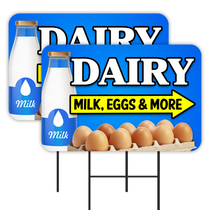 Dairy - Milk Eggs & More 2 Pack Double-Sided Yard Signs 16" x 24" with Metal Stakes (Made in Texas)