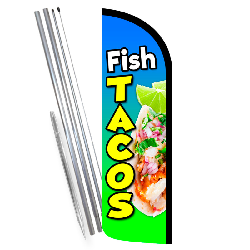 Fish Tacos Premium Windless Feather Flag Bundle (Complete Kit) OR Optional Replacement Flag Only