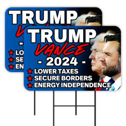 Trump Vance 2024 - Lower Taxes - Secure Borders 2 Pack Double-Sided Yard Signs 16" x 24" with Metal Stakes (Made in Texas)