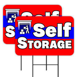 Self Storage - Red 2 Pack Double-Sided Yard Signs 16" x 24" with Metal Stakes (Made in Texas)