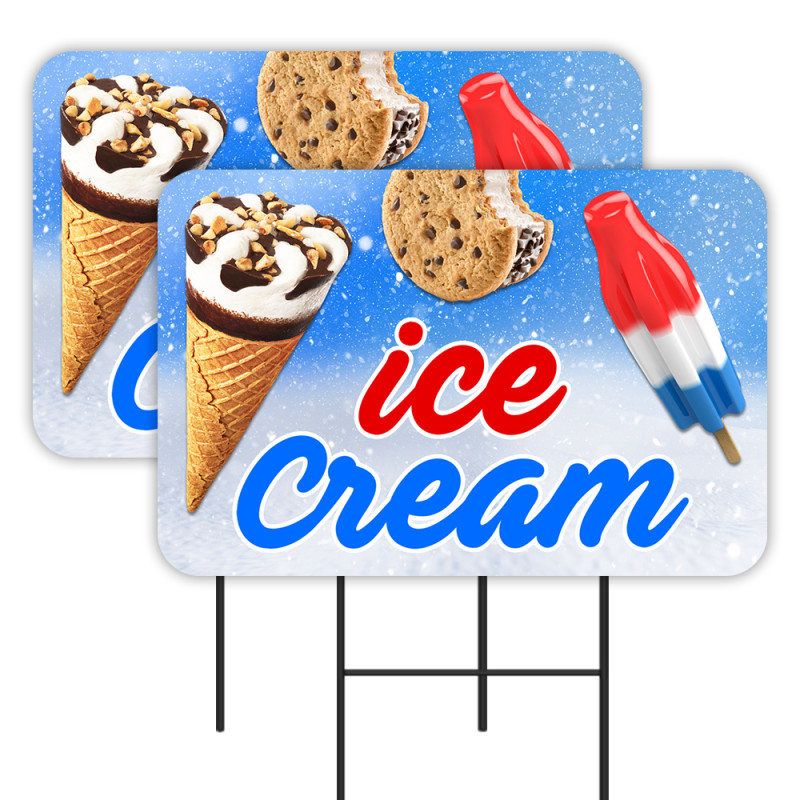 Ice Cream 2 Pack Double-Sided Yard Signs 16" x 24" with Metal Stakes (Made in Texas)