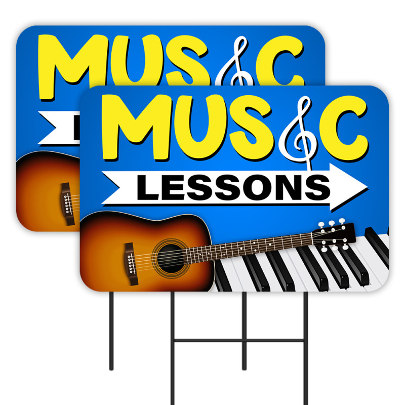 Music Lessons 2 Pack Double-Sided Yard Signs 16" x 24" with Metal Stakes (Made in Texas)