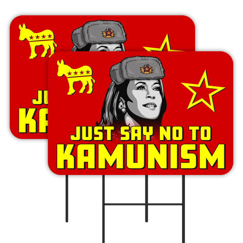 Trump 2024 - Say No To Kamunism - Anti Communist 2 Pack Double-Sided Yard Signs 16" x 24" with Metal Stakes (Made in Texas)