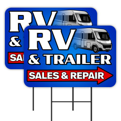 RV & Trailer - Sales & Repair 2 Pack Double-Sided Yard Signs 16" x 24" with Metal Stakes (Made in Texas)