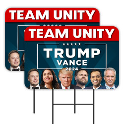 Team Unity - Trump Vance - Tulsi Elon RFK Jr. Vivek 2 Pack Double-Sided Yard Signs 16" x 24" with Metal Stakes (Made in Texas)