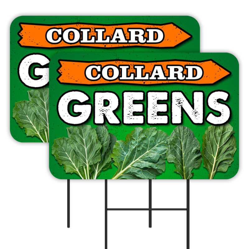 Collard Greens 2 Pack Double-Sided Yard Signs 16" x 24" with Metal Stakes (Made in Texas)