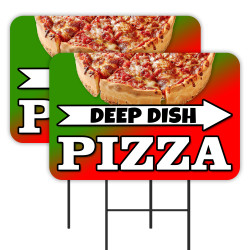 Deep Dish Pizza 2 Pack Double-Sided Yard Signs 16" x 24" with Metal Stakes (Made in Texas)