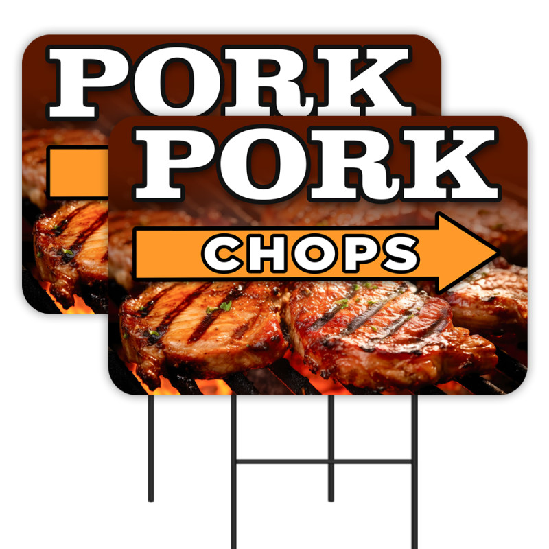 Pork Chops 2 Pack Double-Sided Yard Signs 16" x 24" with Metal Stakes (Made in Texas)