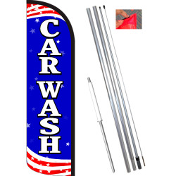 CAR WASH (Patriotic) Windless Feather Flag Bundle (11.5' Tall Flag, 15' Tall Flagpole, Ground Mount Stake)