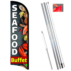 Seafood Buffet Premium Windless Feather Flag Bundle (11.5' Tall Flag, 15' Tall Flagpole, Ground Mount Stake)